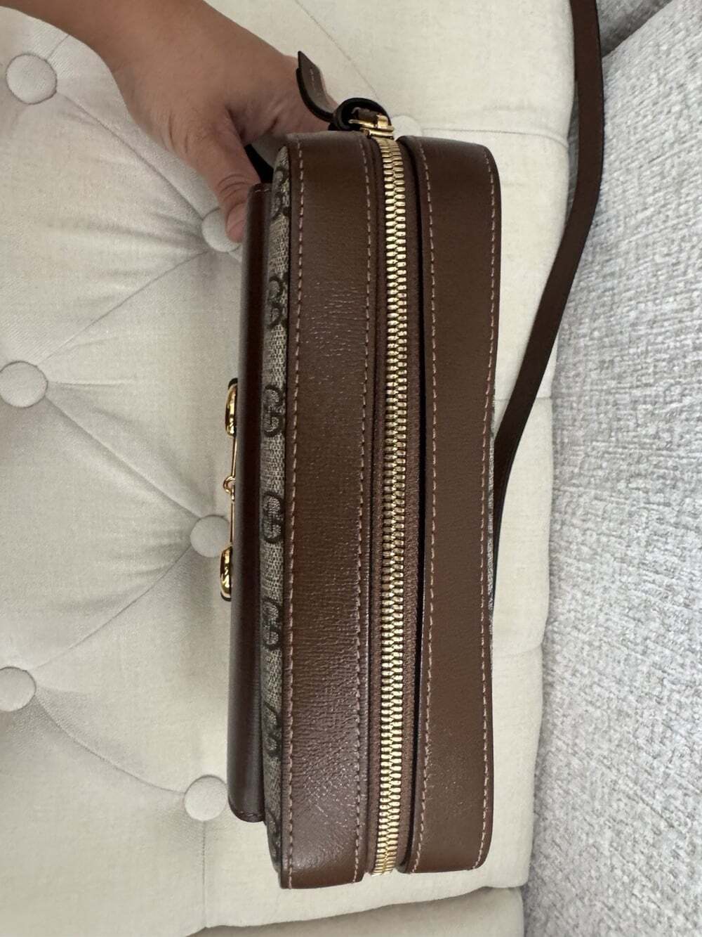 Gucci GG Monogram Crossbody Bag Zip Beige Brown Gold HW Small w/ Dust Bag - Picture 12 of 15